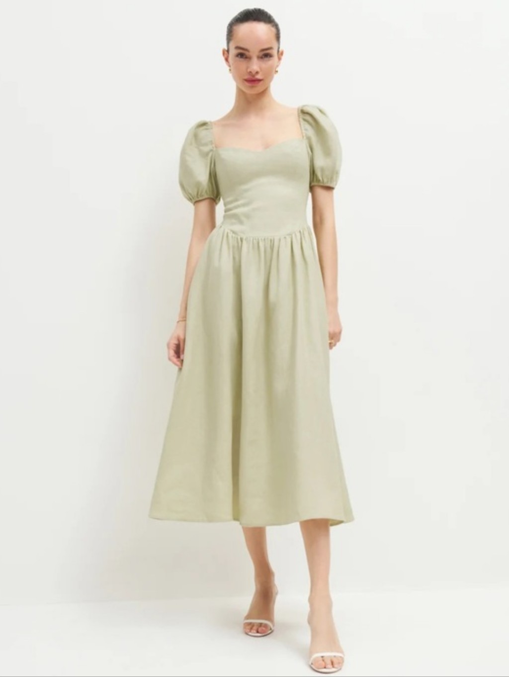 Reformation Davila 100% Linen Midi Dress Puff Sleeves Green Cottagecore Size 10